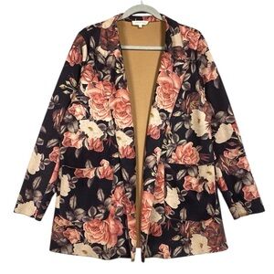 Solitaire Floral Jacket Faux Suede Open Front Cardigan Boho Pockets Size L